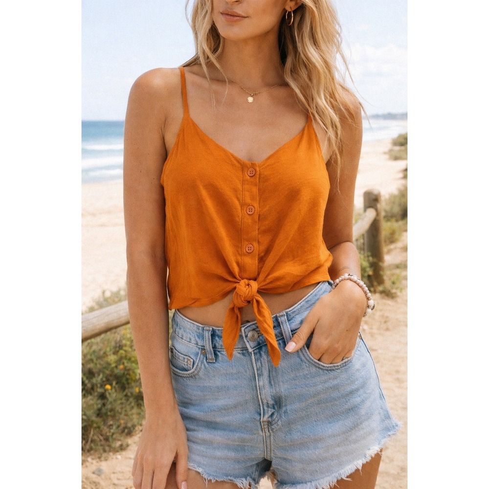 Topshop Burnt Orange Tie Front Button Camisole Crop Top Size US 2 NEW